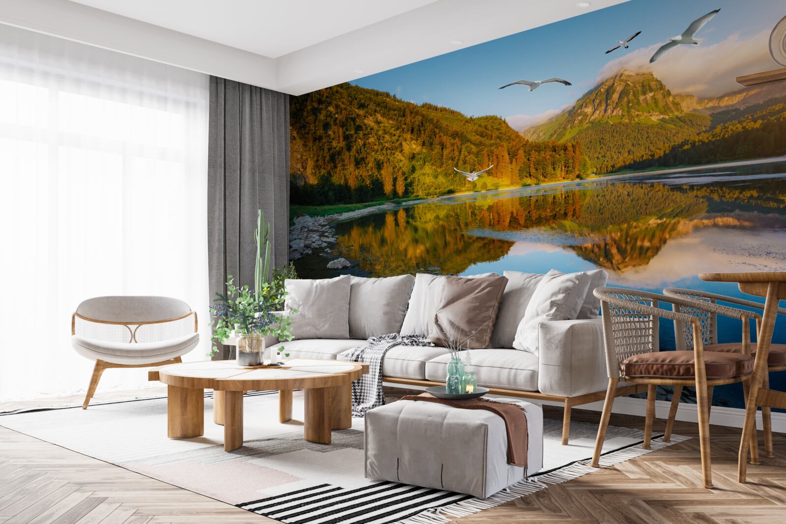 Papier peint oiseaux volant au-dessus des eaux de montagne