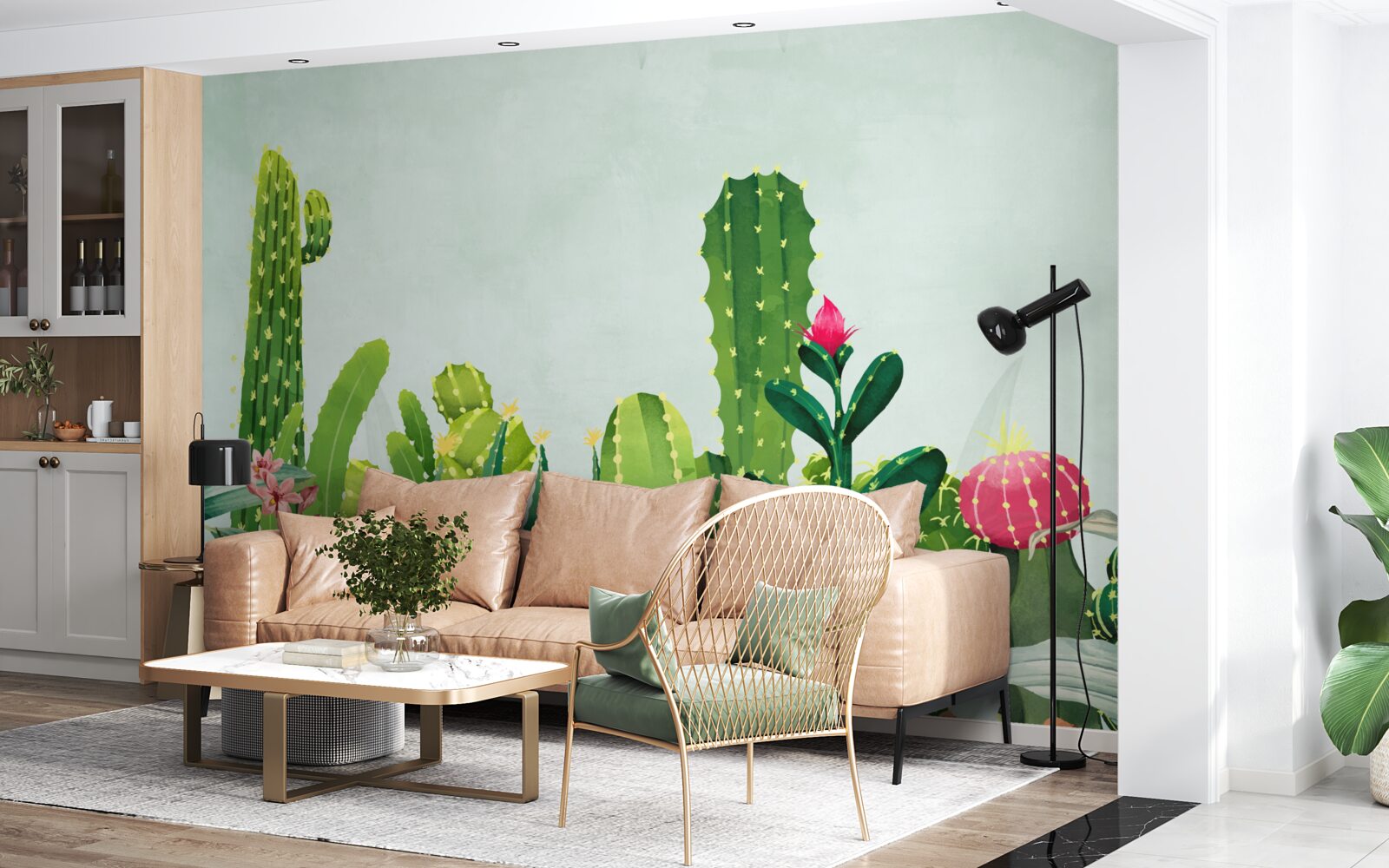 Papier peint ciel bleu avec un cadre de cactus