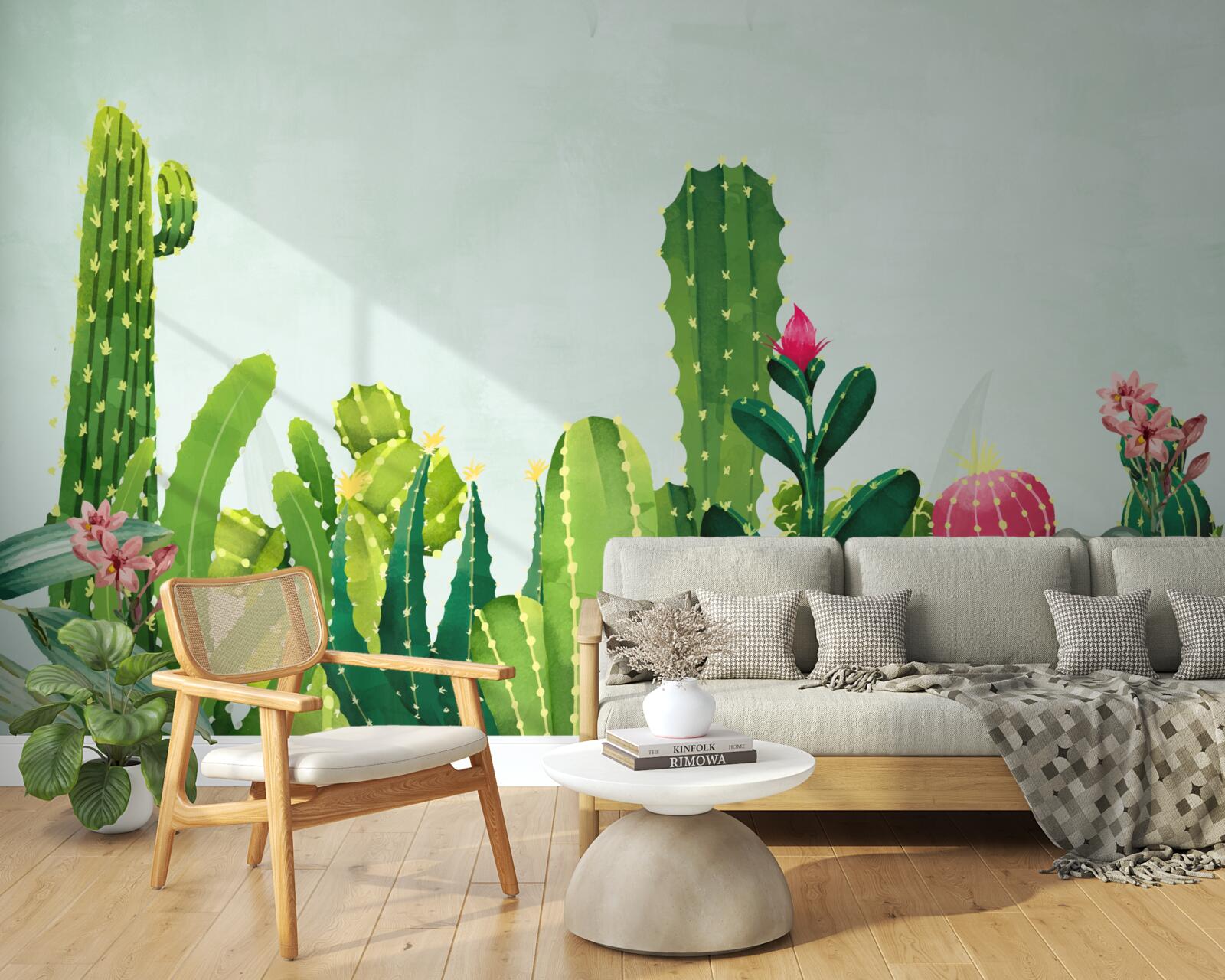 Papier peint ciel bleu avec un cadre de cactus