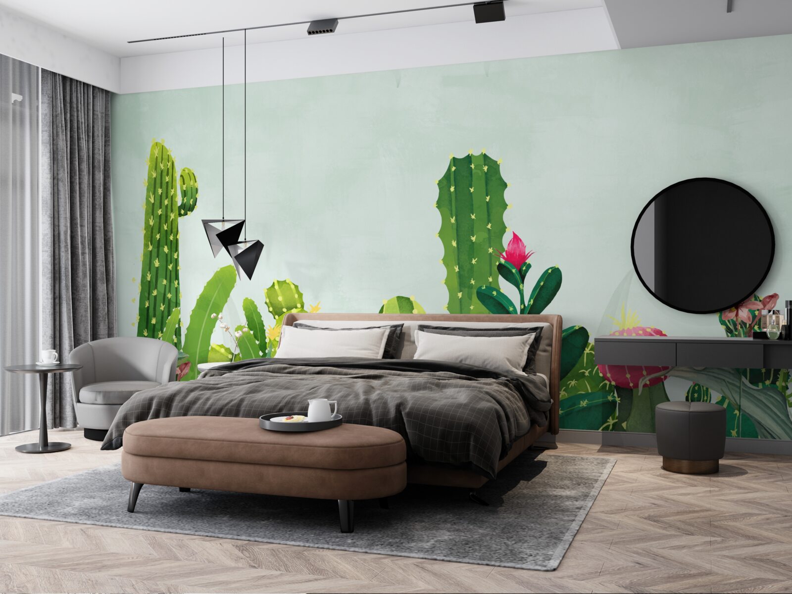 Papier peint ciel bleu avec un cadre de cactus