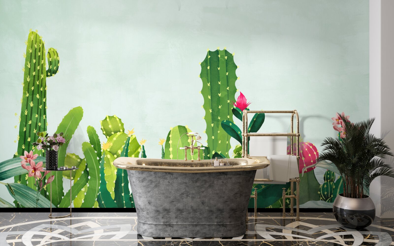 Papier peint ciel bleu avec un cadre de cactus