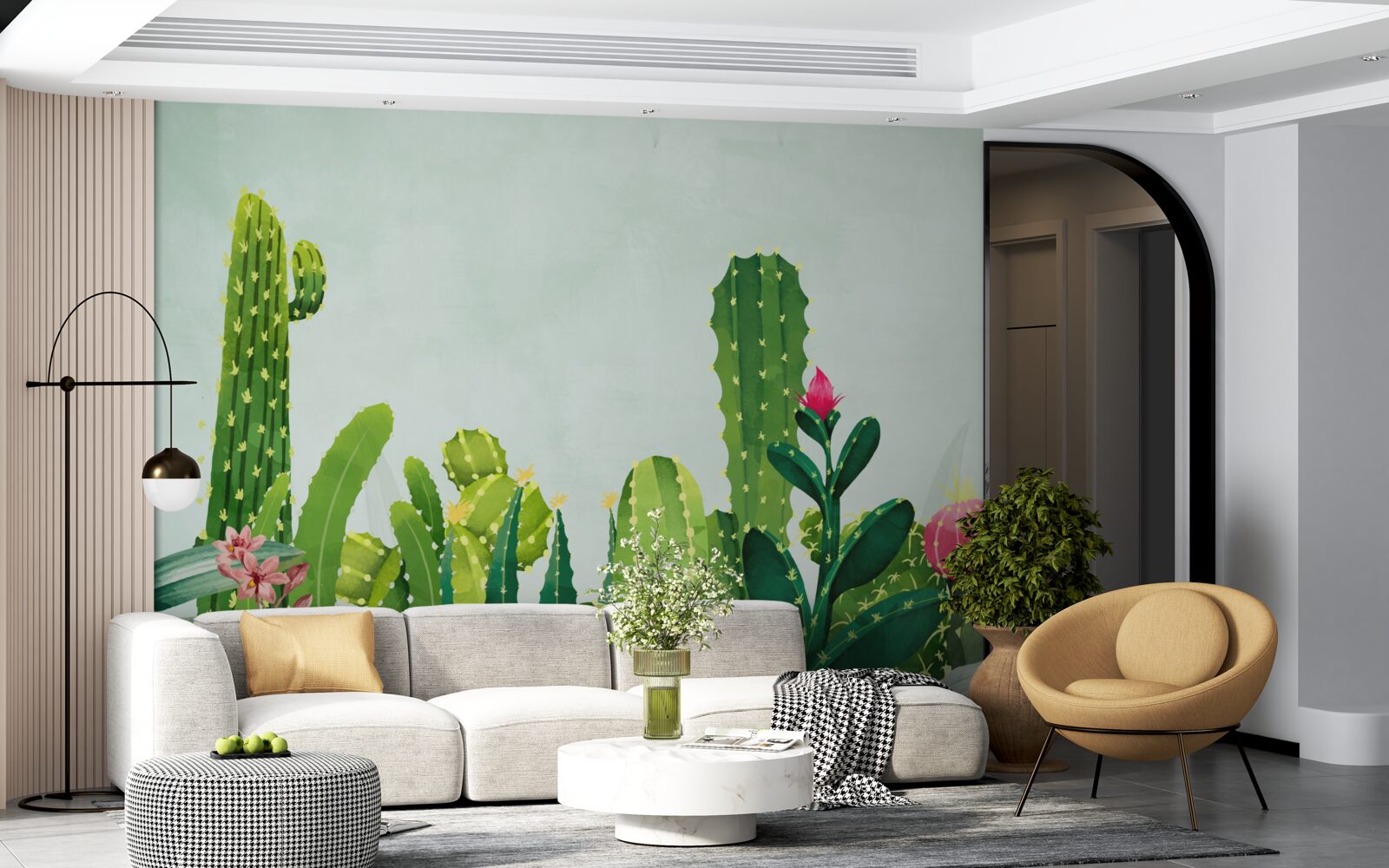 Papier peint ciel bleu avec un cadre de cactus