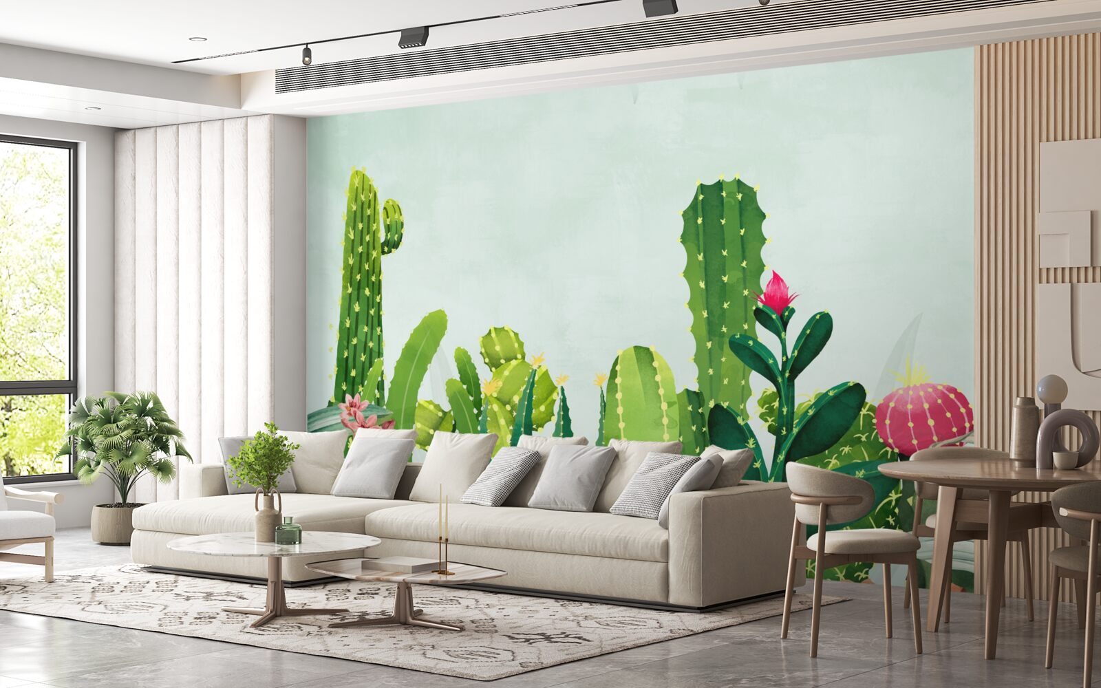 Papier peint ciel bleu avec un cadre de cactus