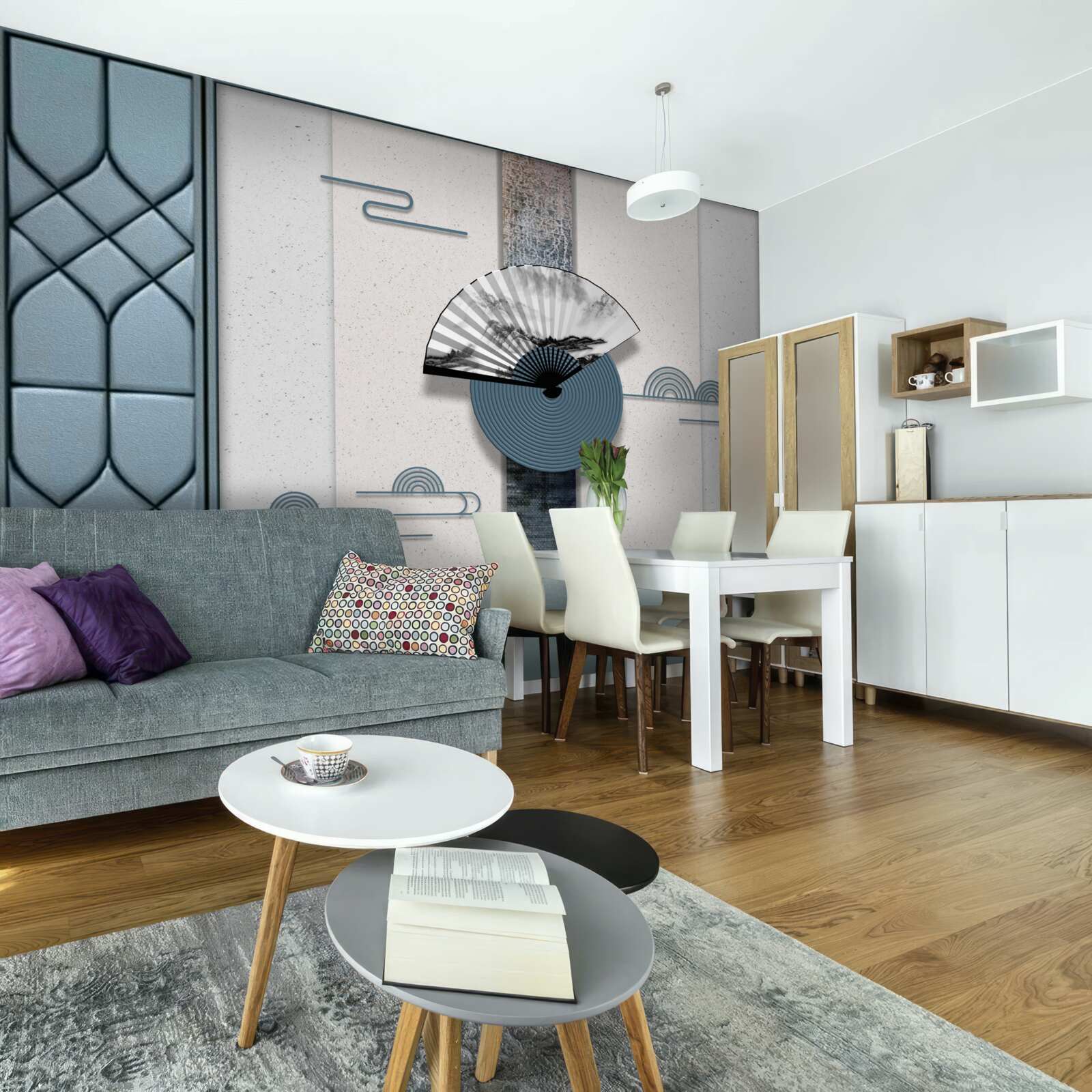 Papier peint ventilateur en noir et blanc sur fond de ciel nuageux