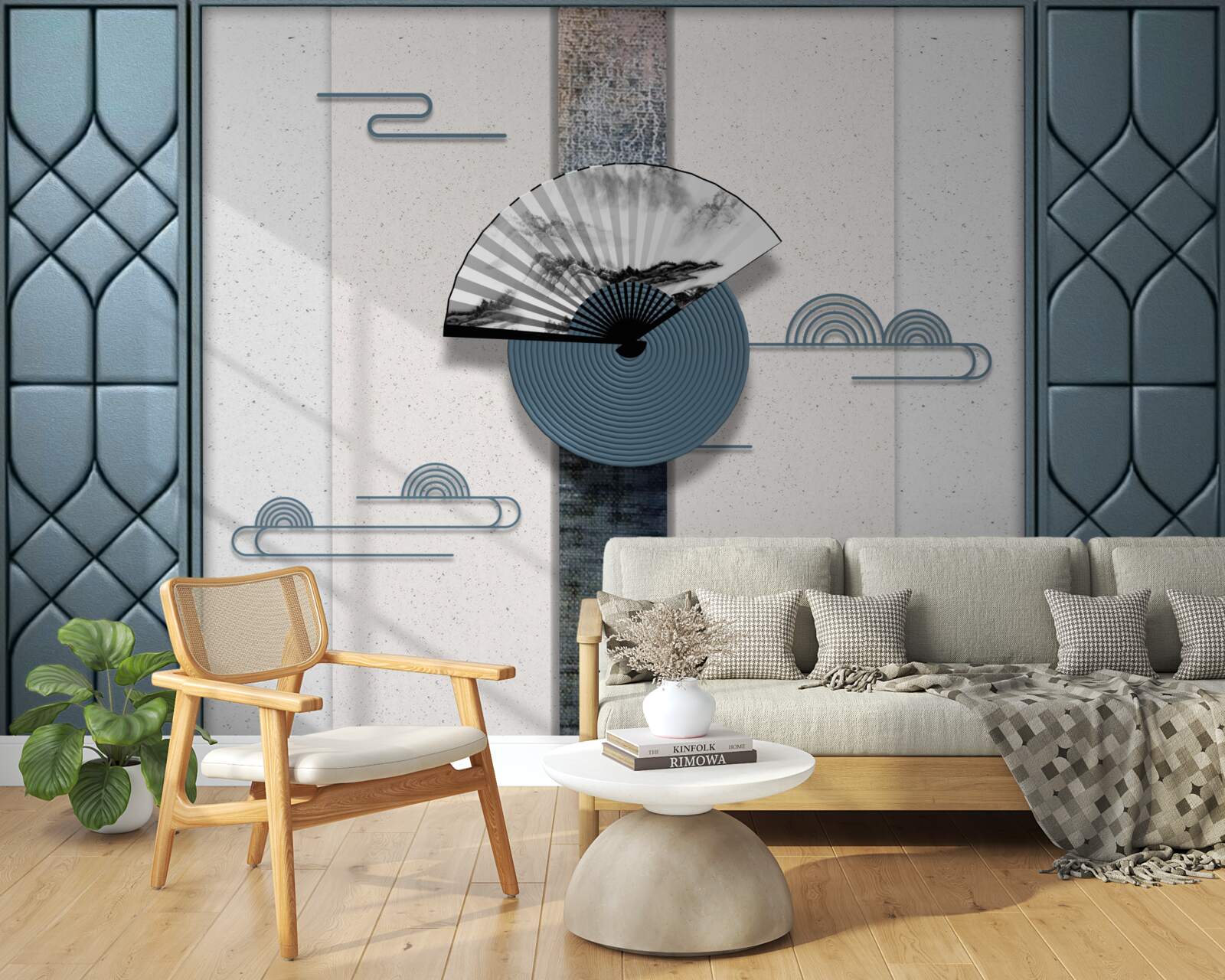 Papier peint ventilateur en noir et blanc sur fond de ciel nuageux