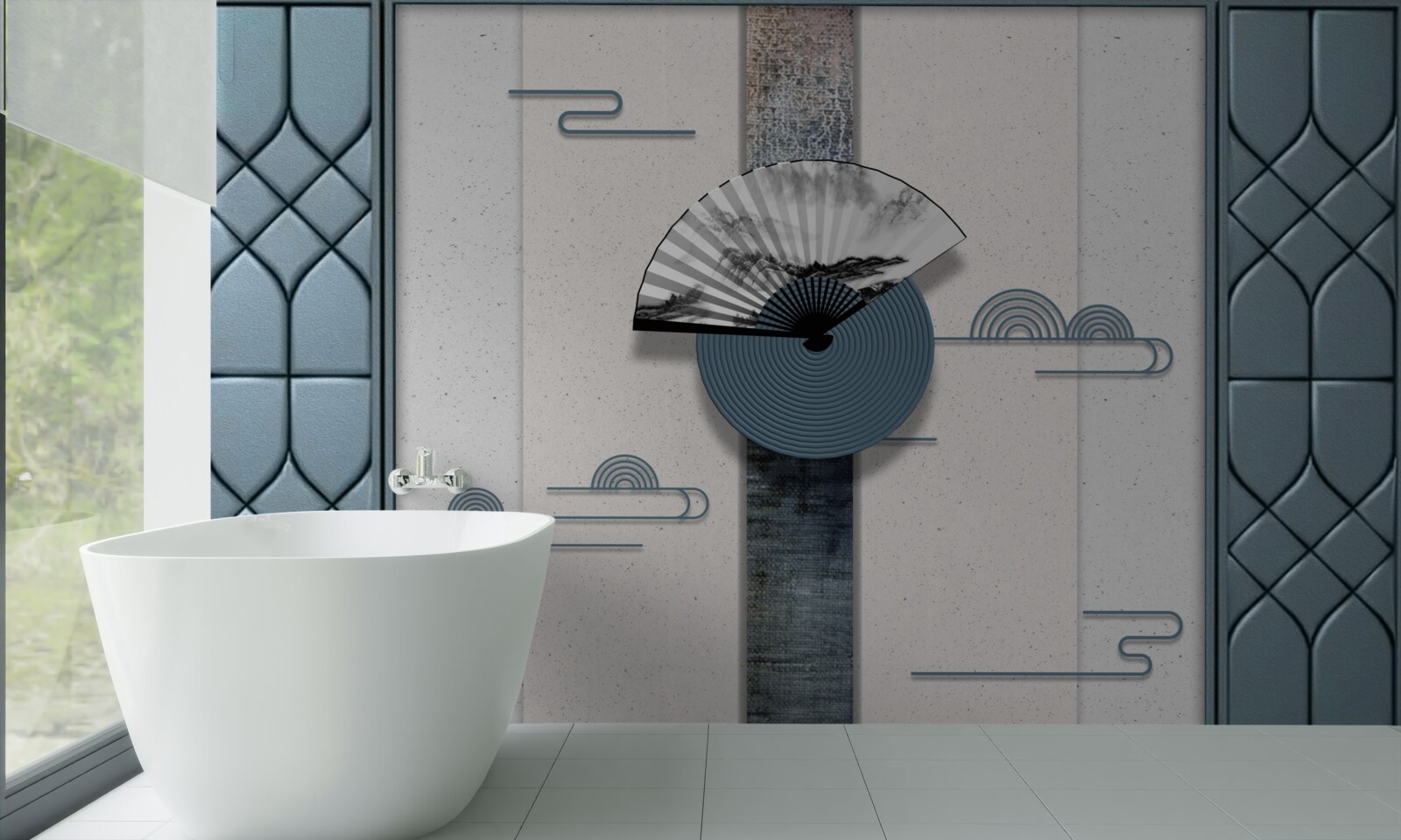 Papier peint ventilateur en noir et blanc sur fond de ciel nuageux