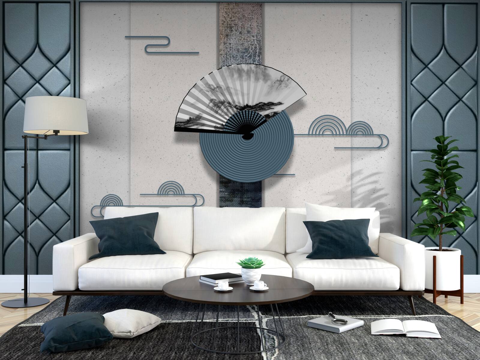 Papier peint ventilateur en noir et blanc sur fond de ciel nuageux