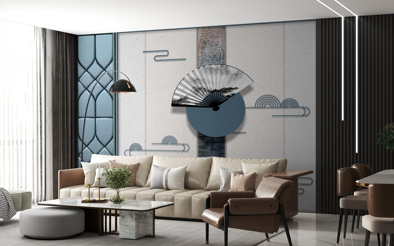 Papier peint ventilateur en noir et blanc sur fond de ciel nuageux