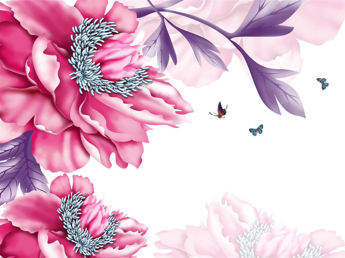 Papier peint papillons et fleurs roses sur un fond