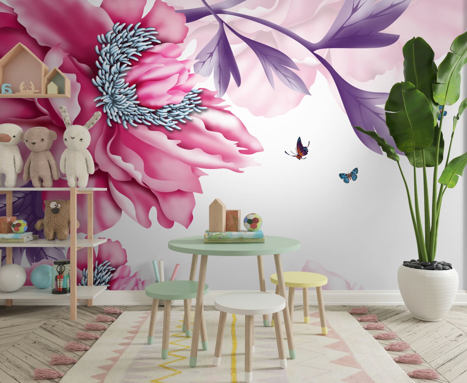 Papier peint papillons et fleurs roses sur un fond