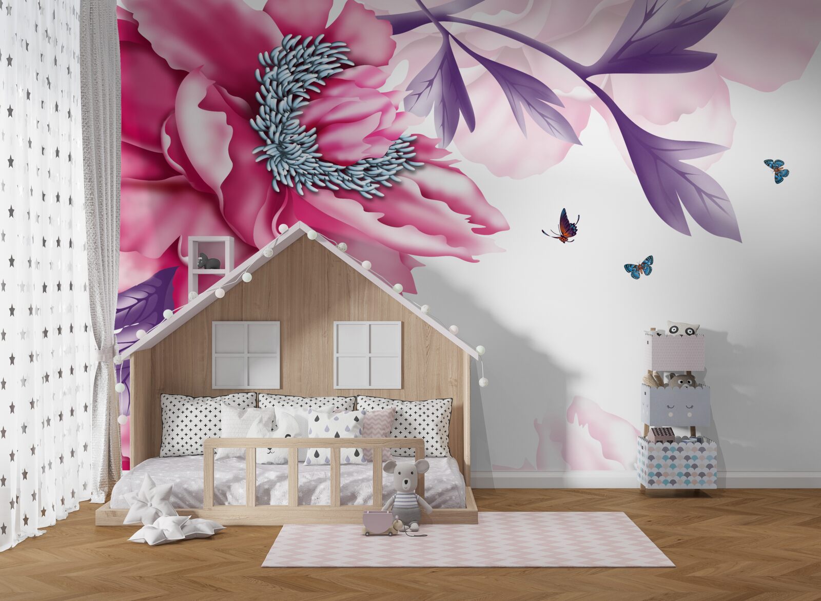 Papier peint papillons et fleurs roses sur un fond