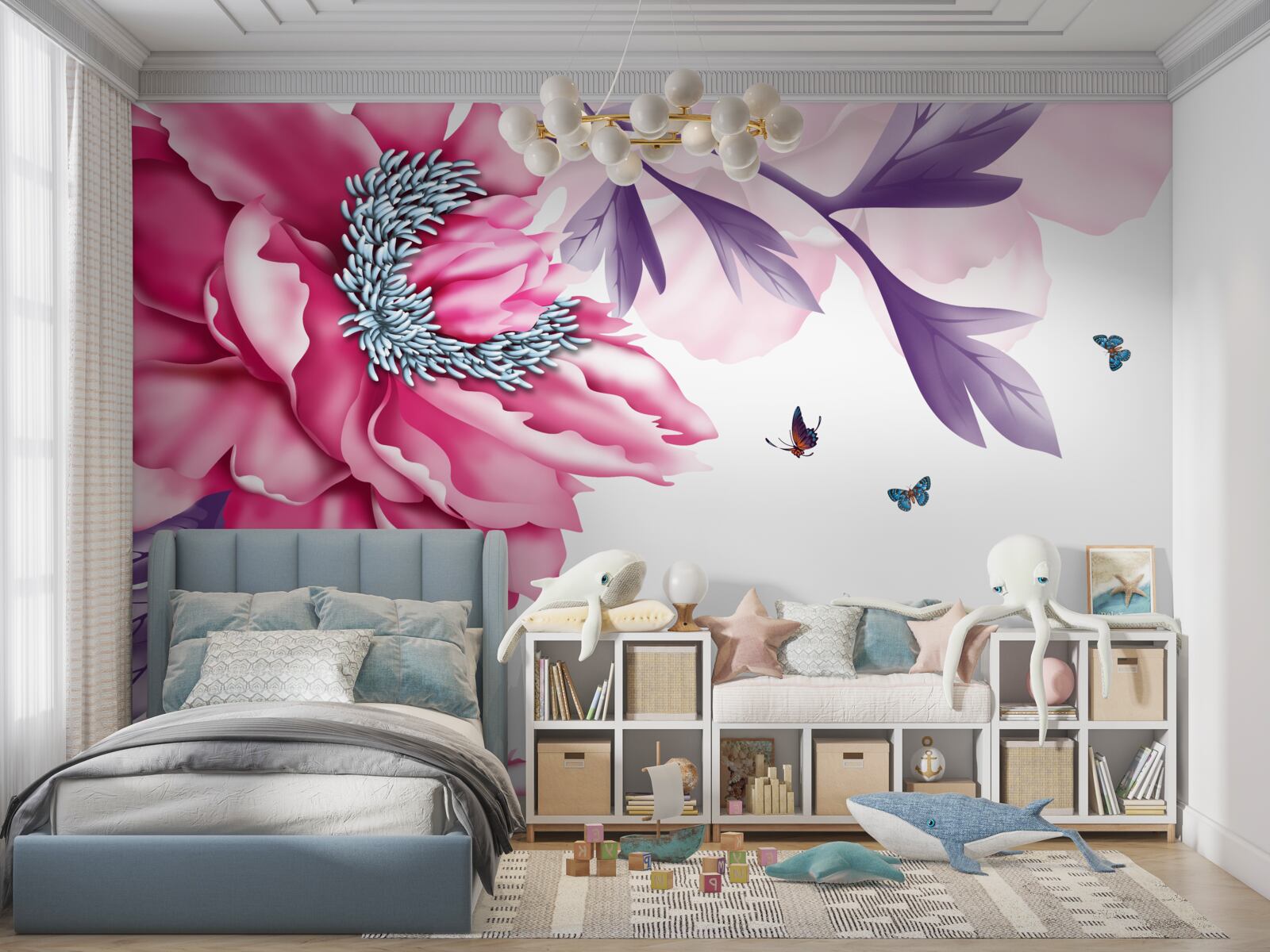 Papier peint papillons et fleurs roses sur un fond