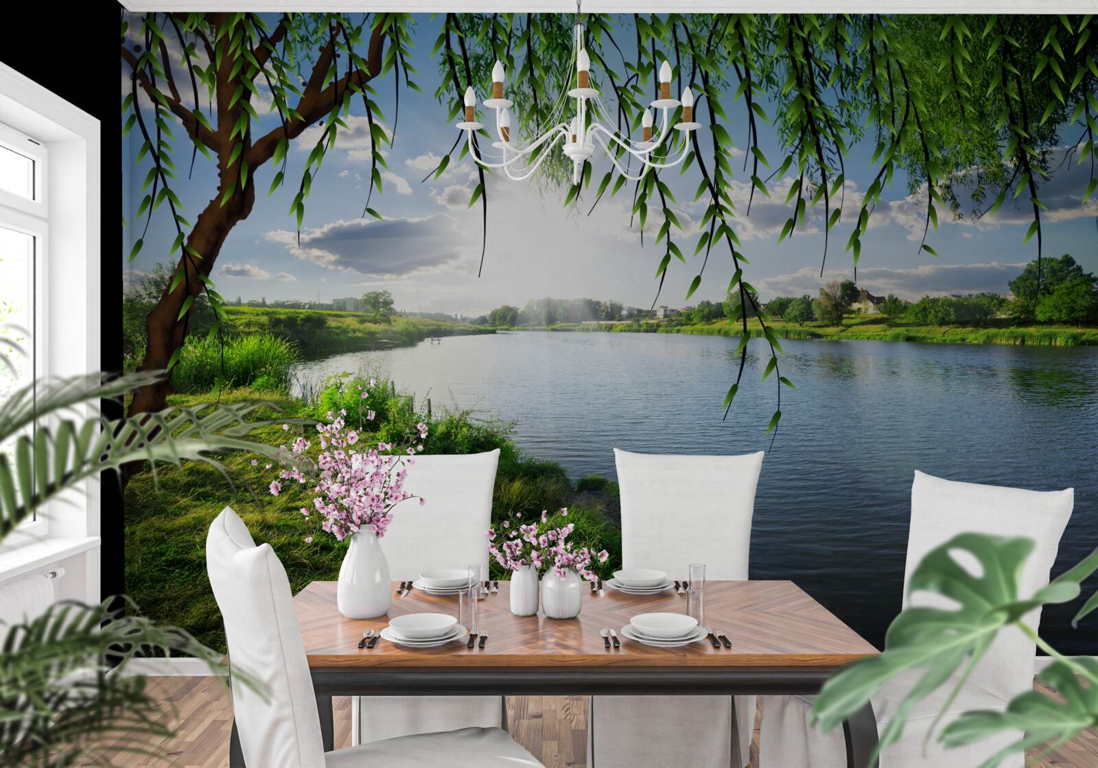 Papier peint la beauté du saule près de la rive de l'eau calme