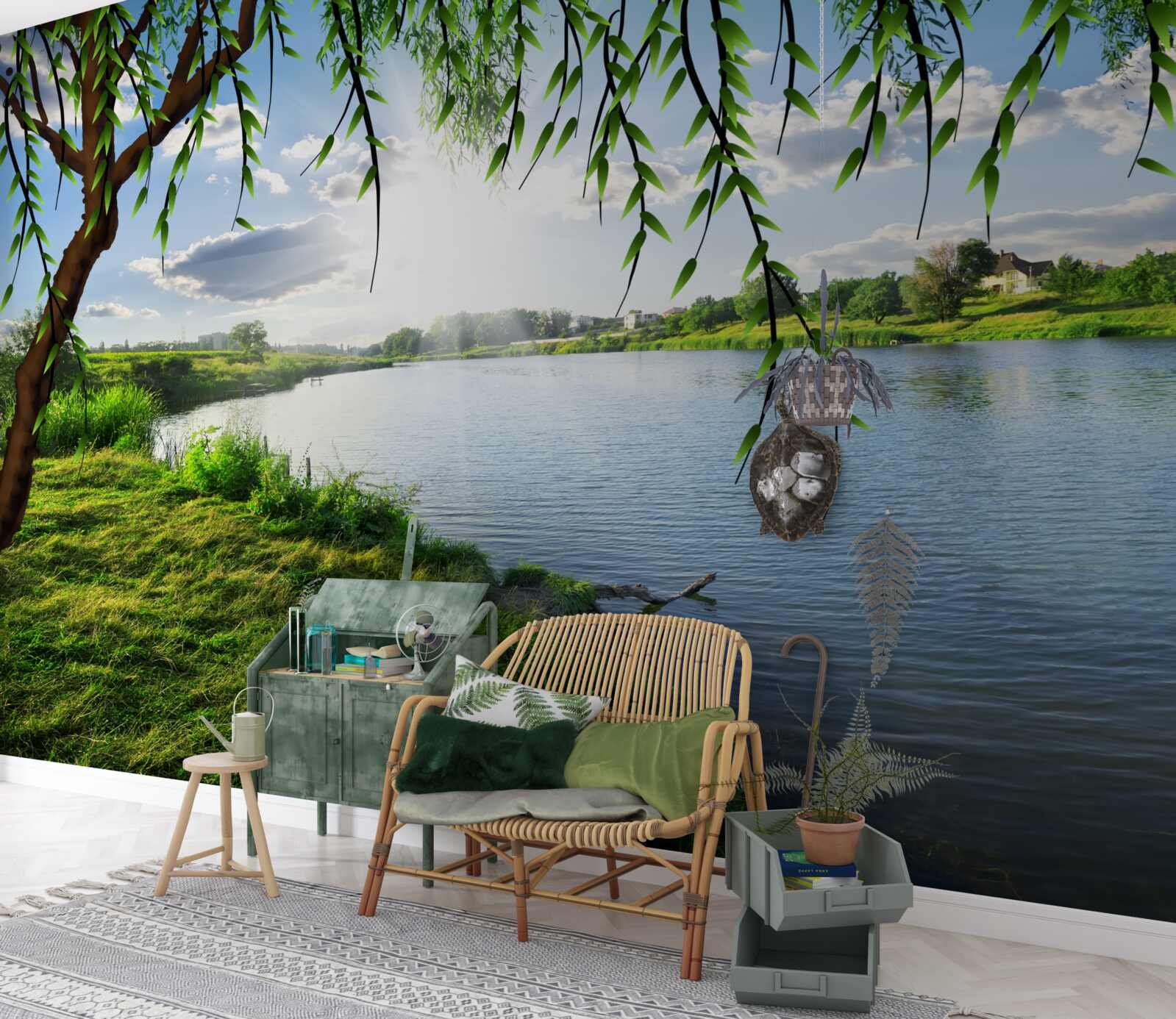 Papier peint la beauté du saule près de la rive de l'eau calme