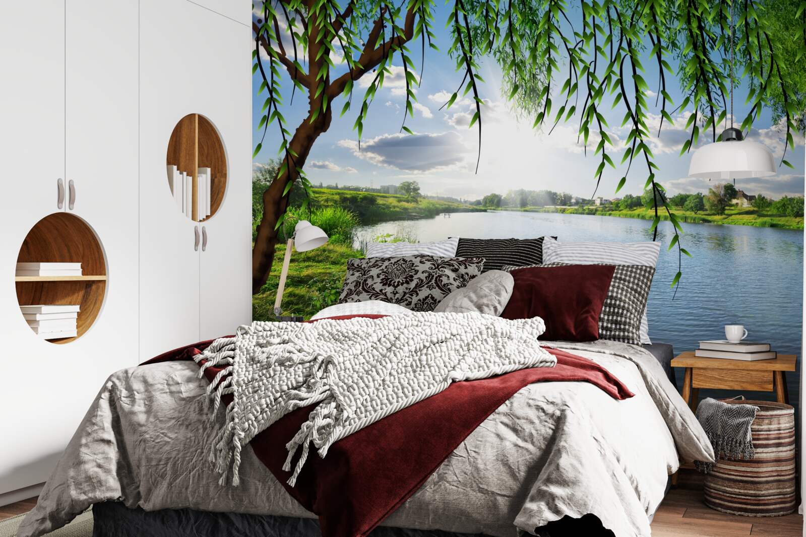 Papier peint la beauté du saule près de la rive de l'eau calme