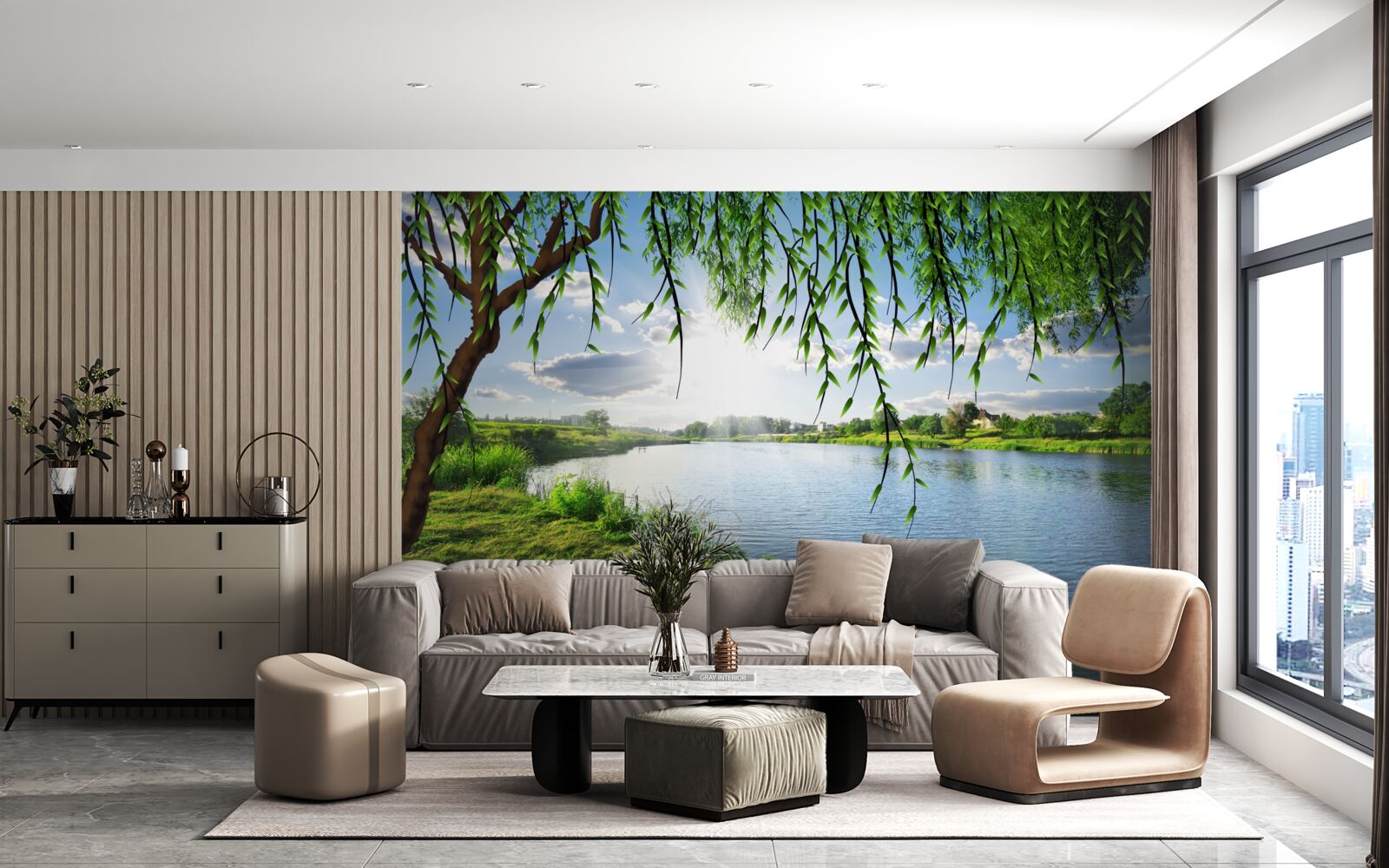 Papier peint la beauté du saule près de la rive de l'eau calme