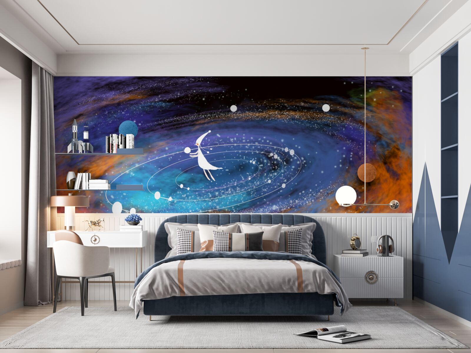 Papier peint fille entourée de planètes