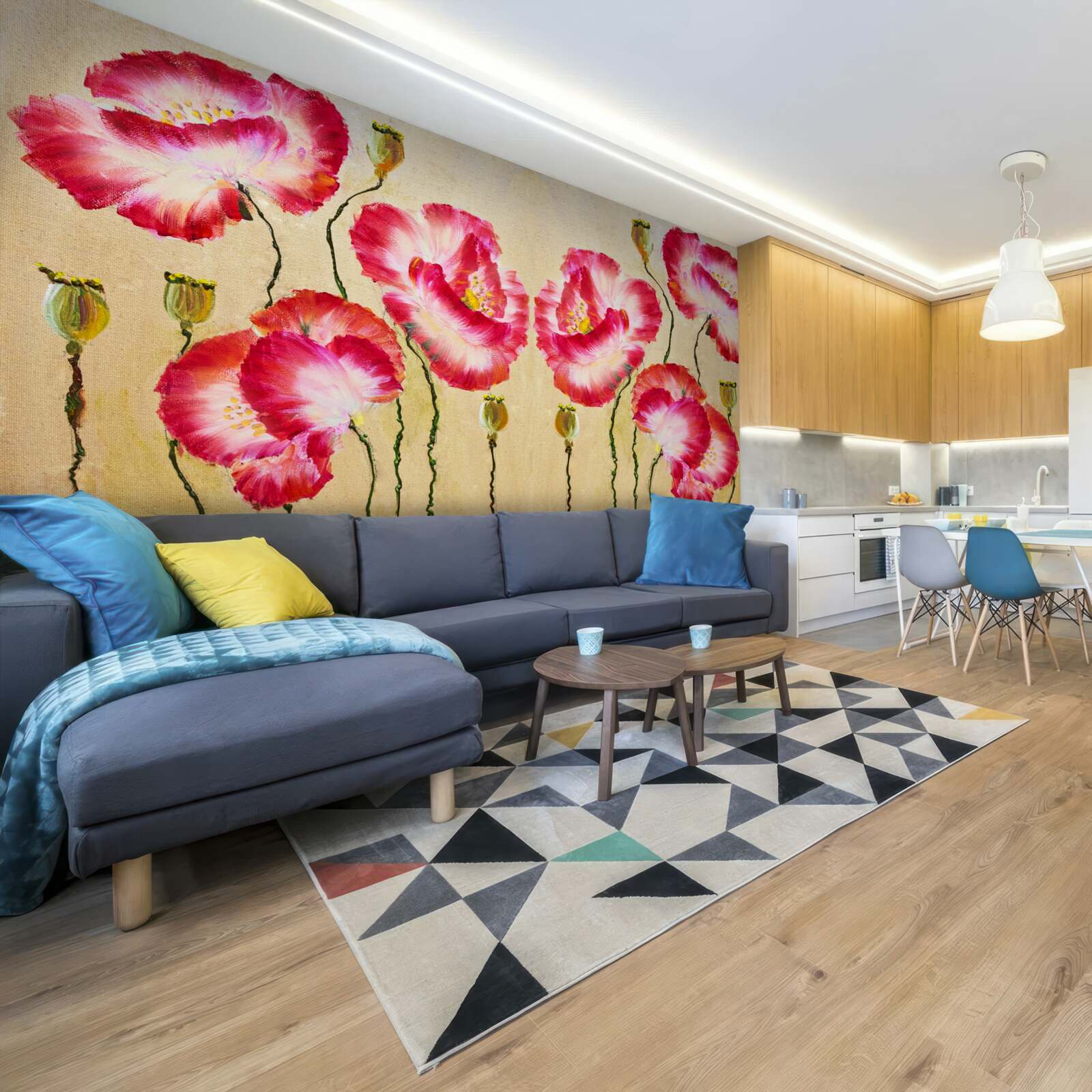 Papier peint boutons et fleurs de coquelicots dans les tons rouge et blanc