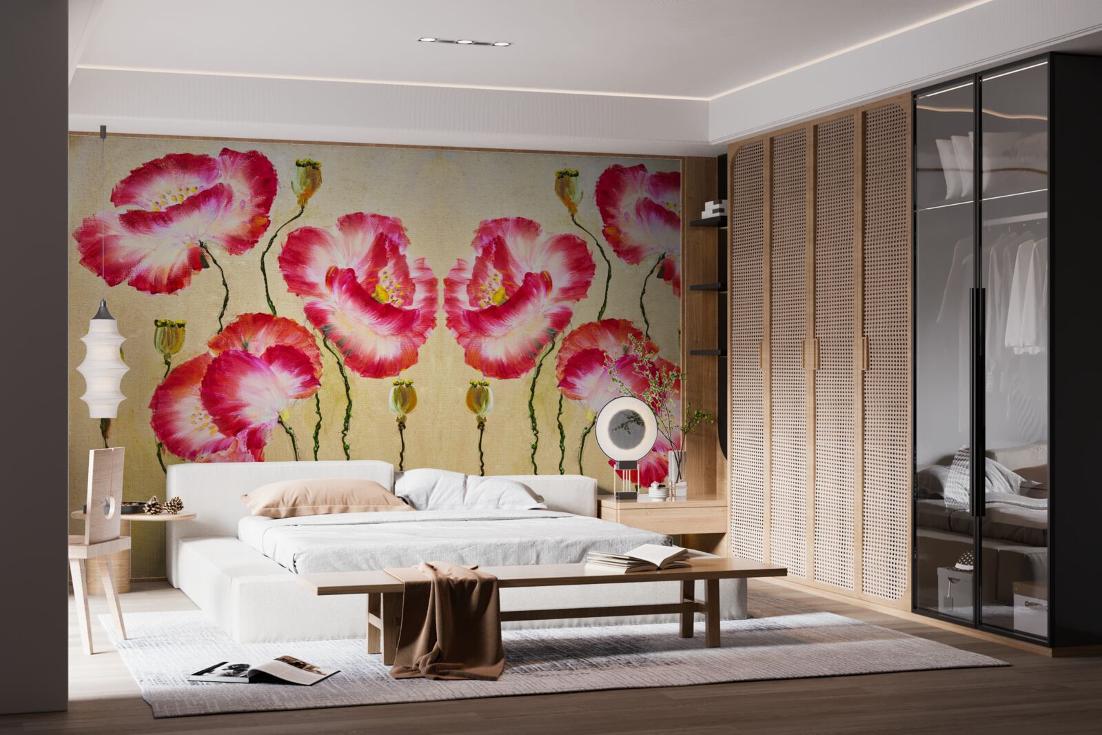 Papier peint boutons et fleurs de coquelicots dans les tons rouge et blanc