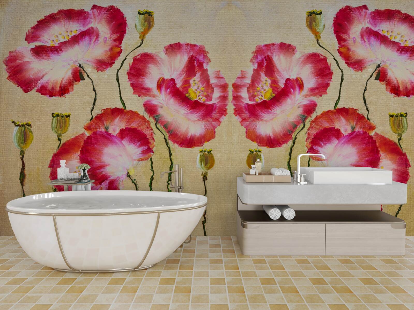 Papier peint boutons et fleurs de coquelicots dans les tons rouge et blanc