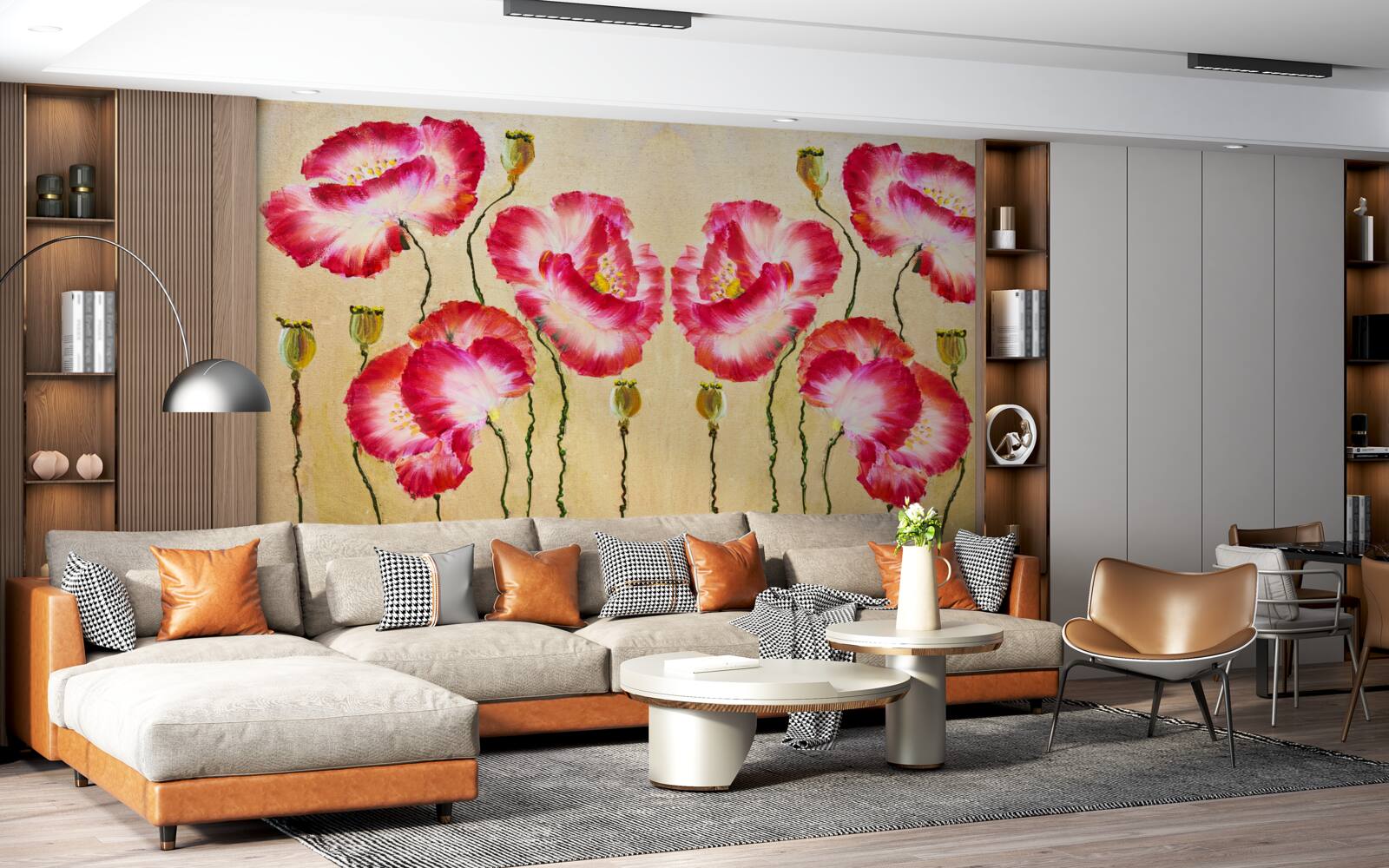 Papier peint boutons et fleurs de coquelicots dans les tons rouge et blanc