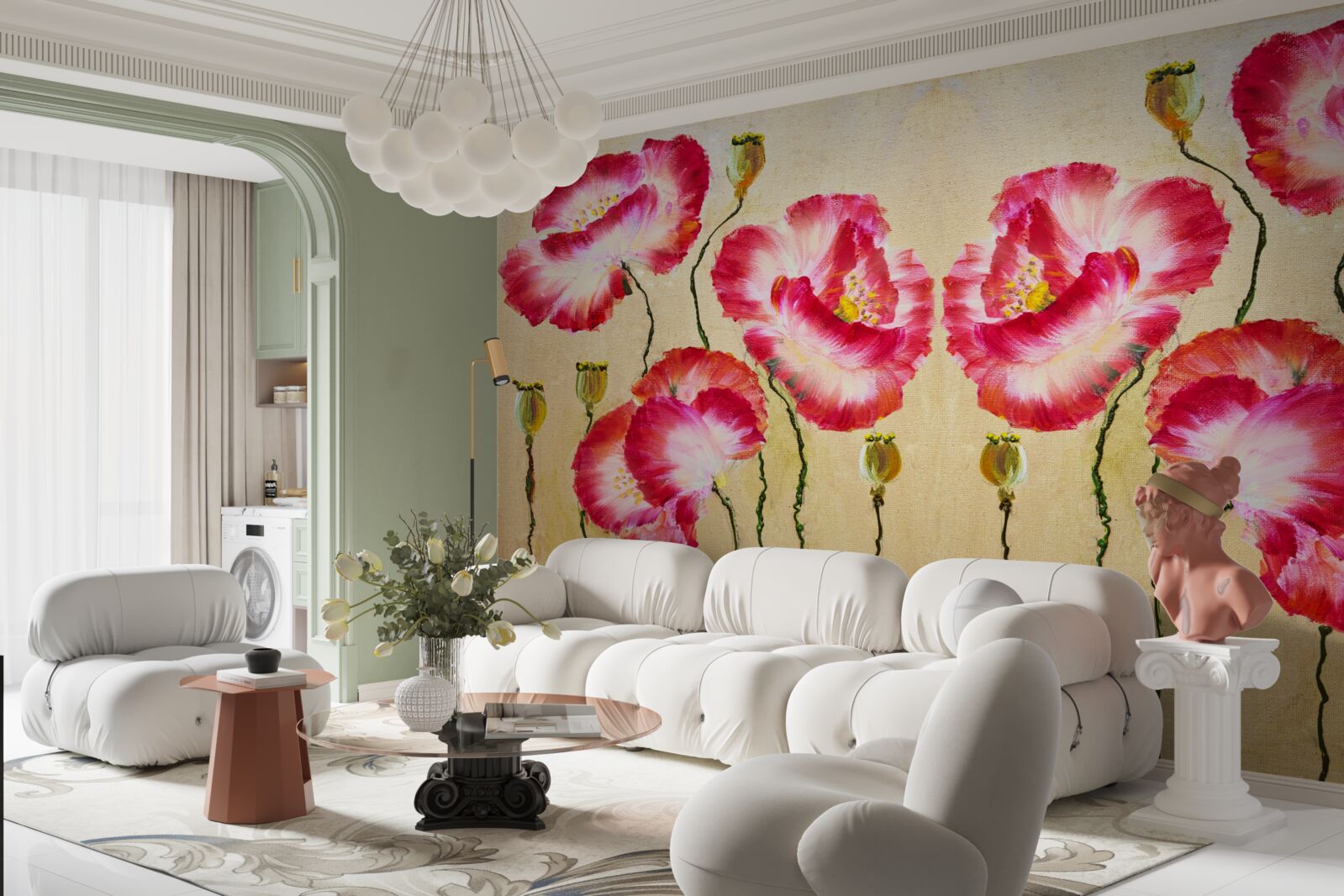 Papier peint boutons et fleurs de coquelicots dans les tons rouge et blanc