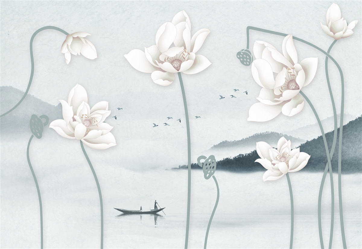 Papier peint Bateau avec pêcheur et fleurs blanches