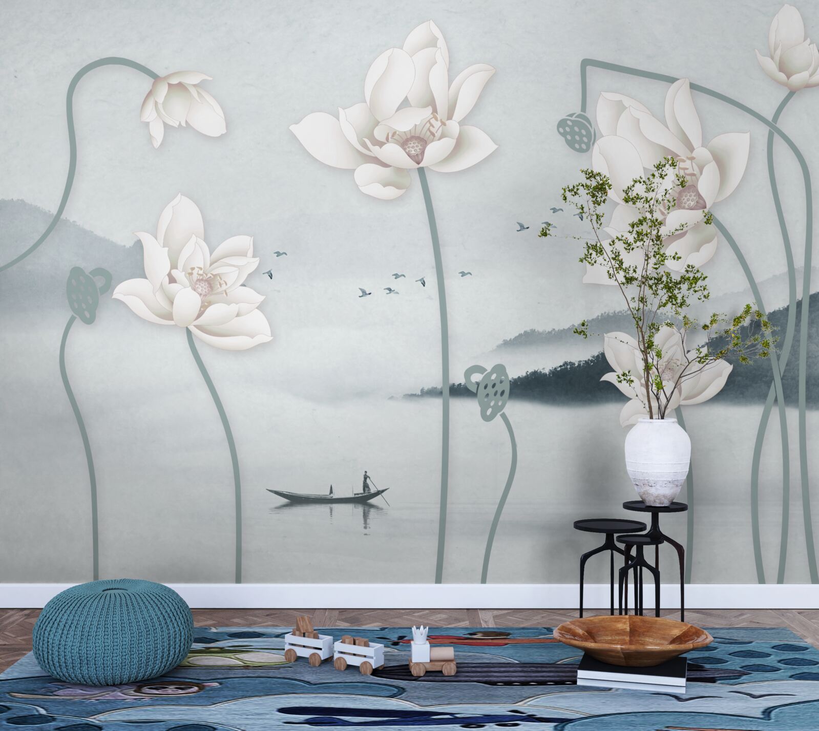 Papier peint Bateau avec pêcheur et fleurs blanches