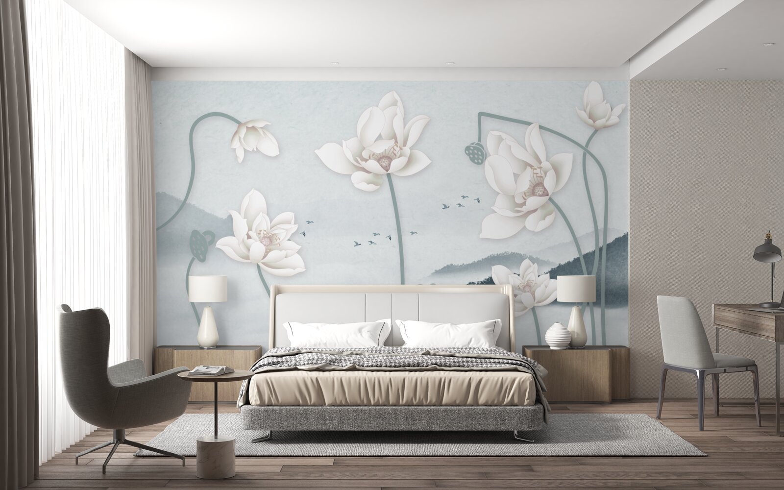 Papier peint Bateau avec pêcheur et fleurs blanches