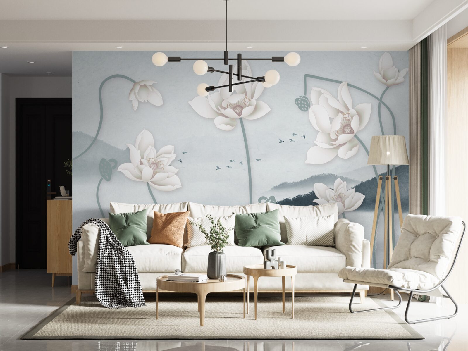 Papier peint Bateau avec pêcheur et fleurs blanches