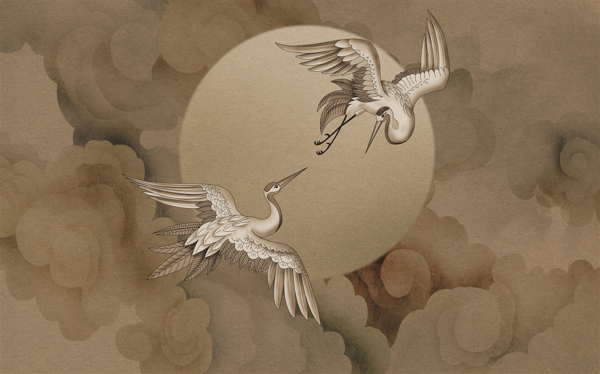 Papier peint danse de la grue sous les nuages