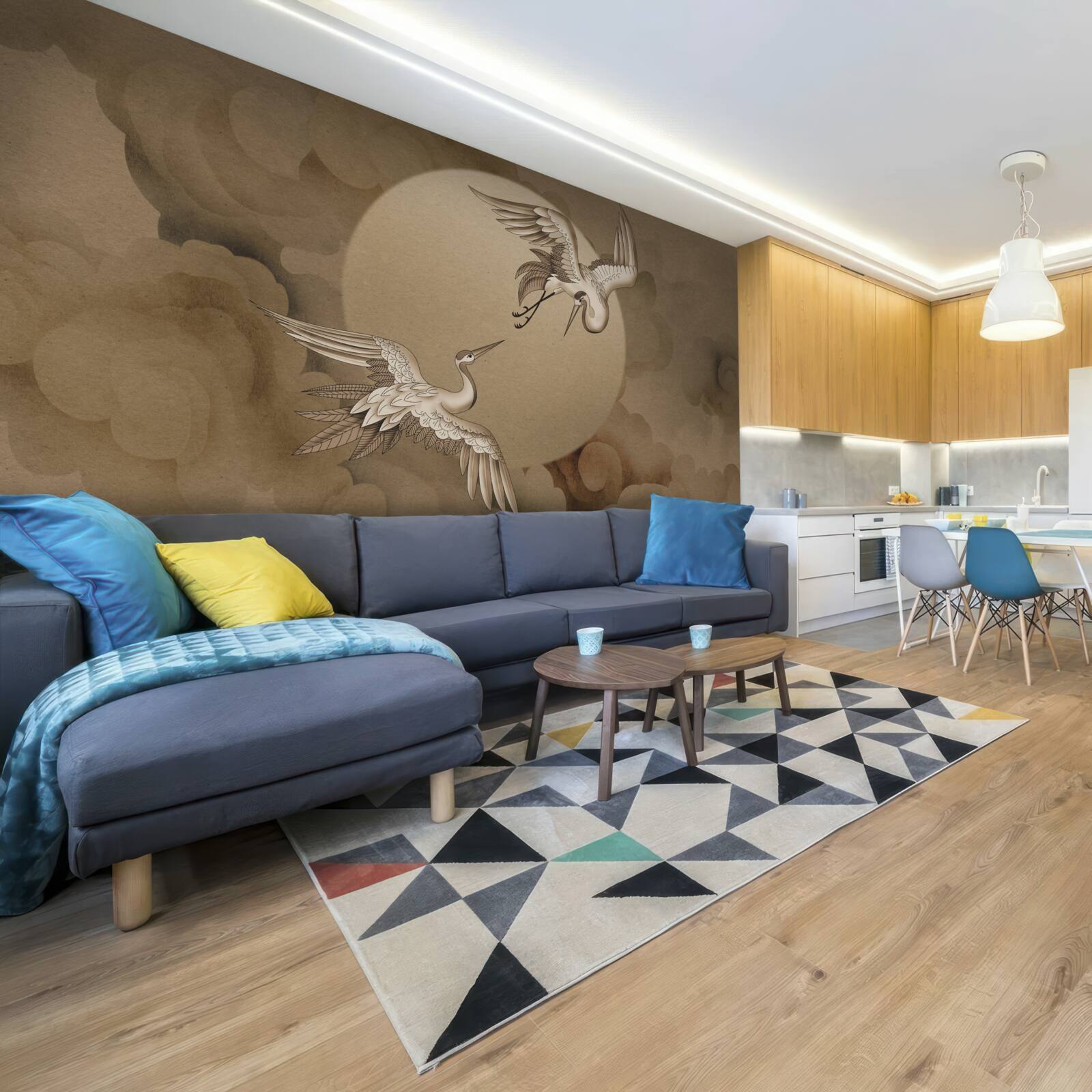 Papier peint danse de la grue sous les nuages