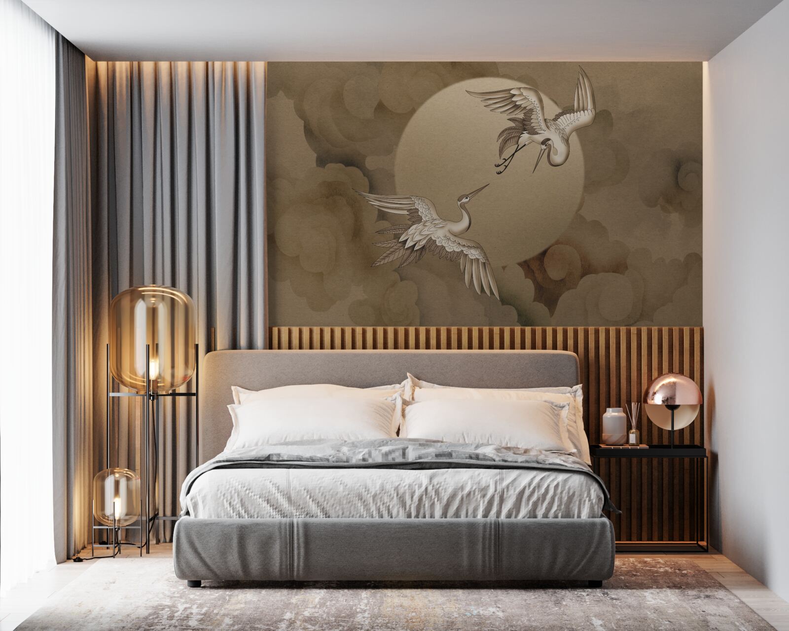 Papier peint danse de la grue sous les nuages