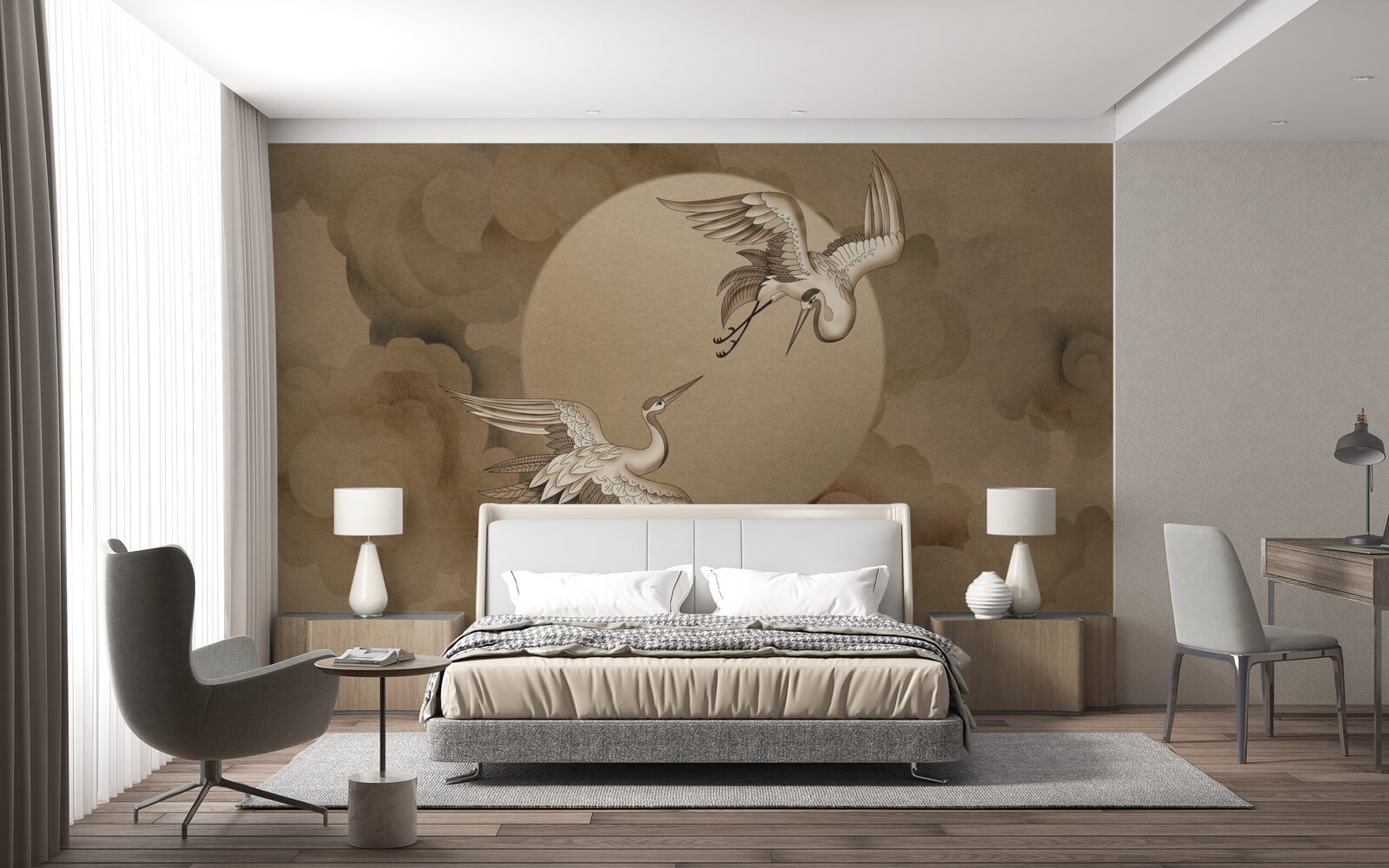 Papier peint danse de la grue sous les nuages