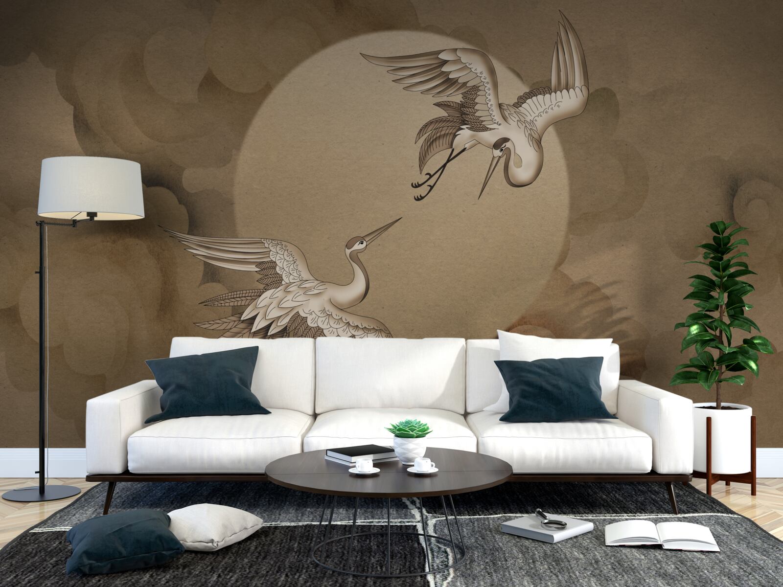 Papier peint danse de la grue sous les nuages