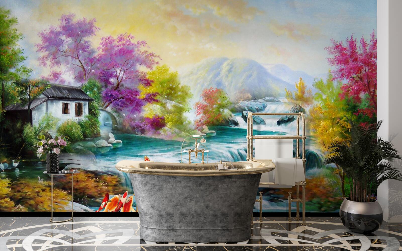 Papier peint une chute d'eau retentit dans la maison en automne