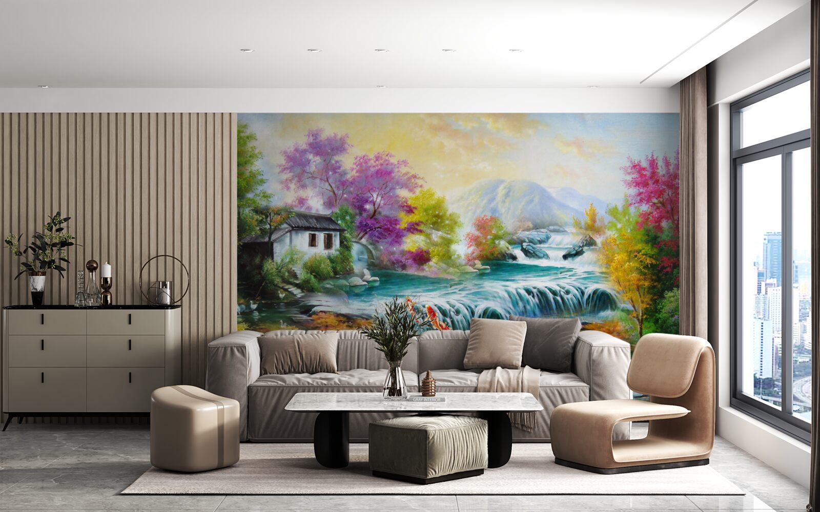 Papier peint une chute d'eau retentit dans la maison en automne