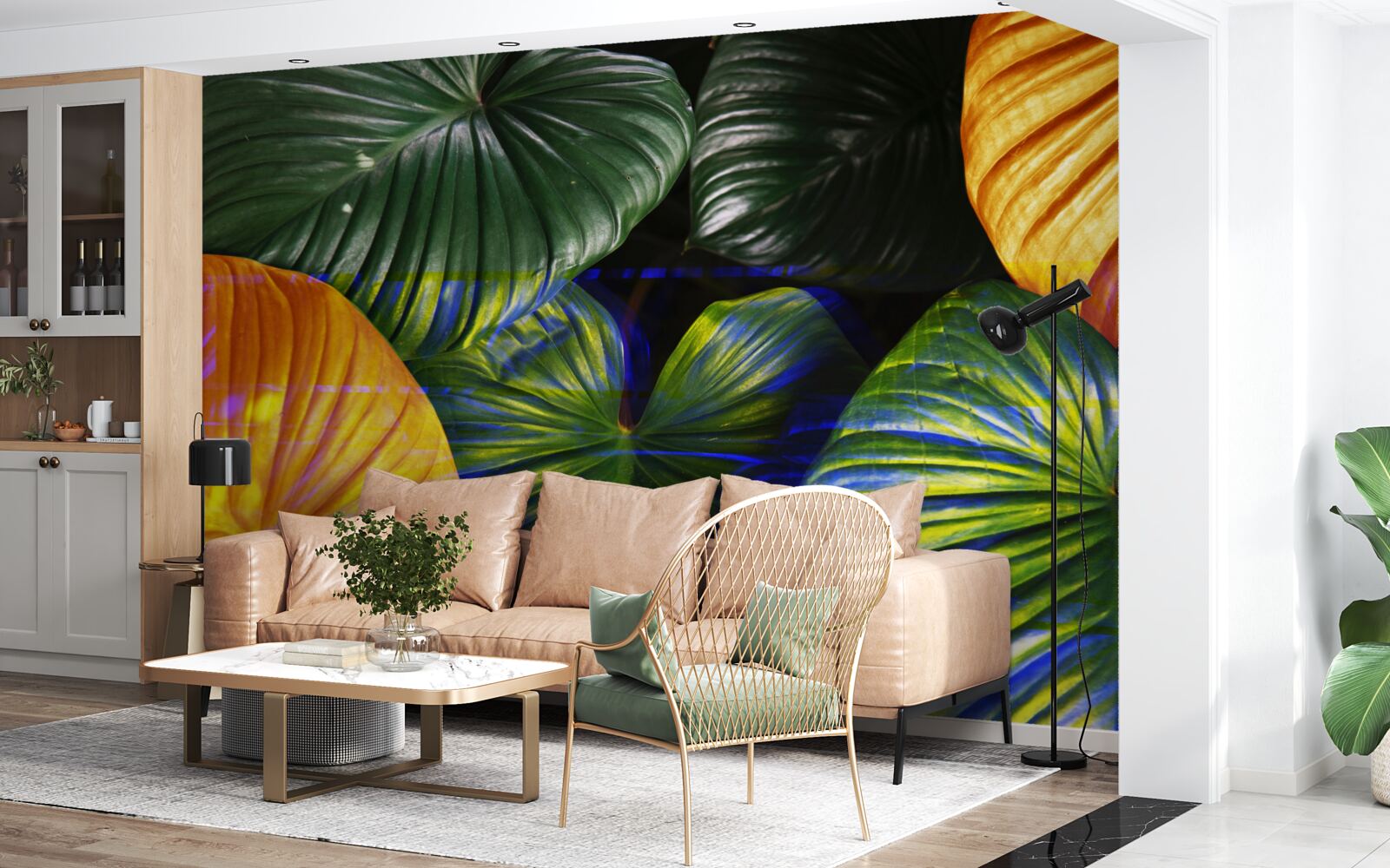 Papier peint grandes feuilles vertes et brunes