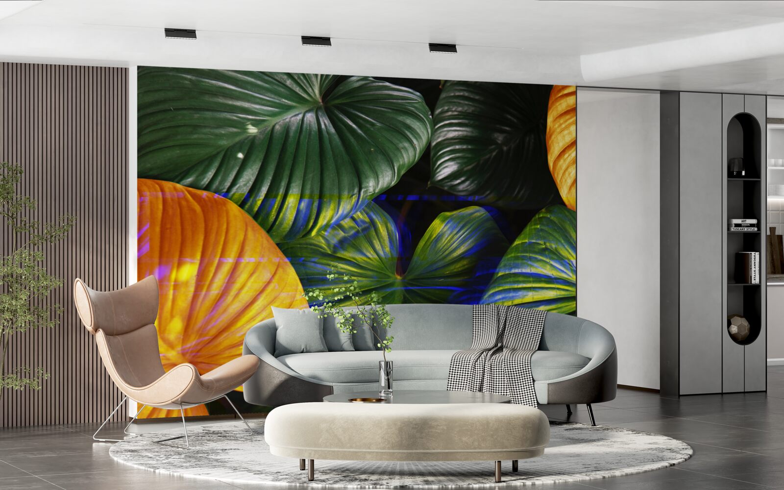 Papier peint grandes feuilles vertes et brunes