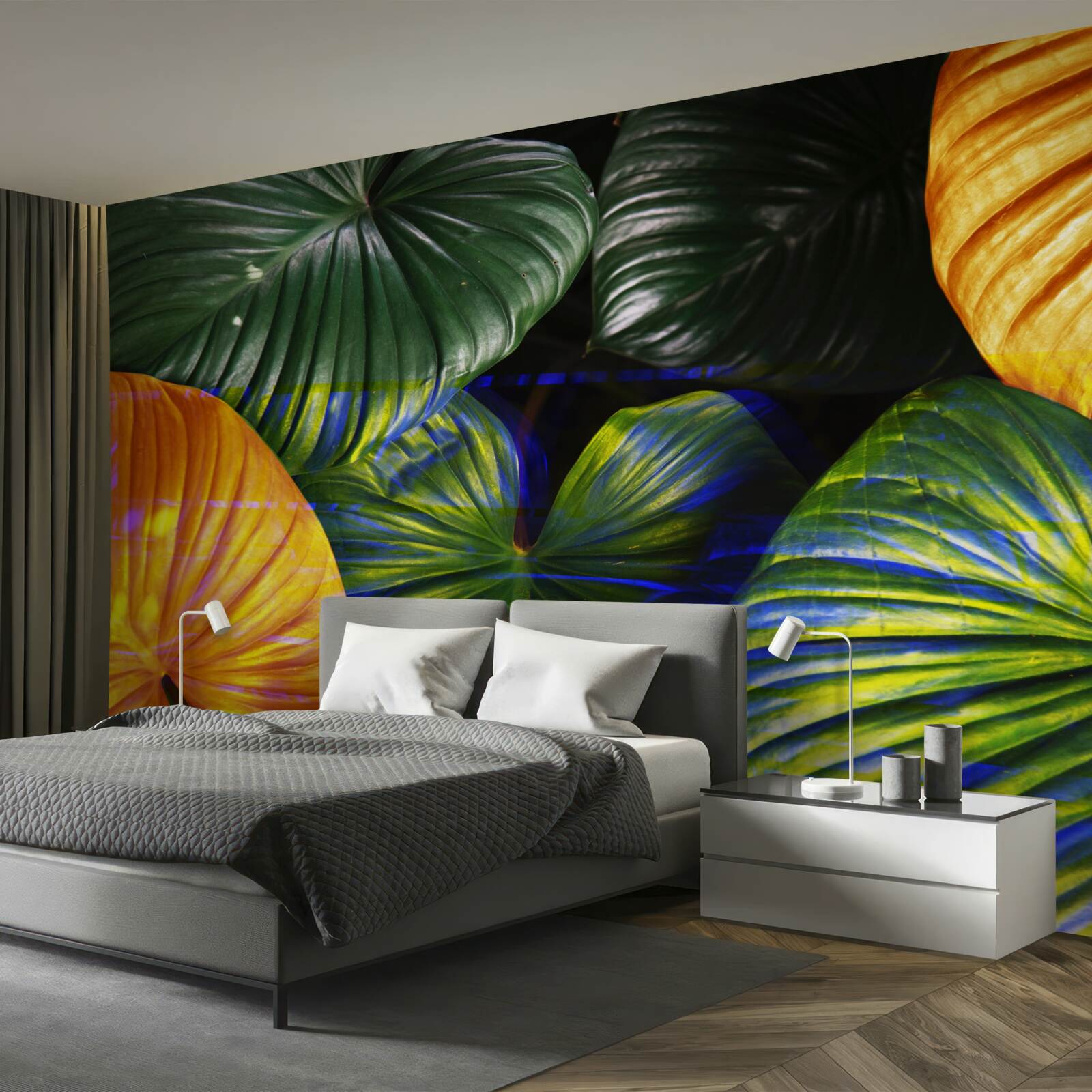 Papier peint grandes feuilles vertes et brunes