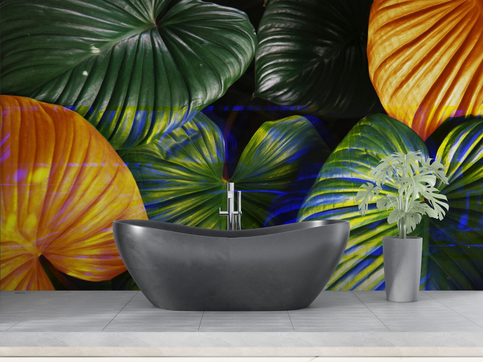 Papier peint grandes feuilles vertes et brunes