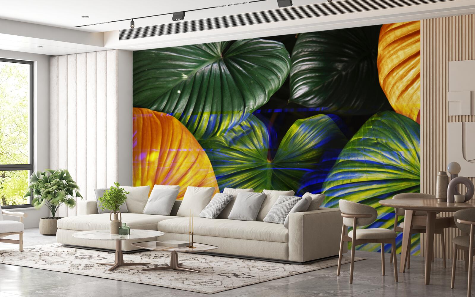 Papier peint grandes feuilles vertes et brunes