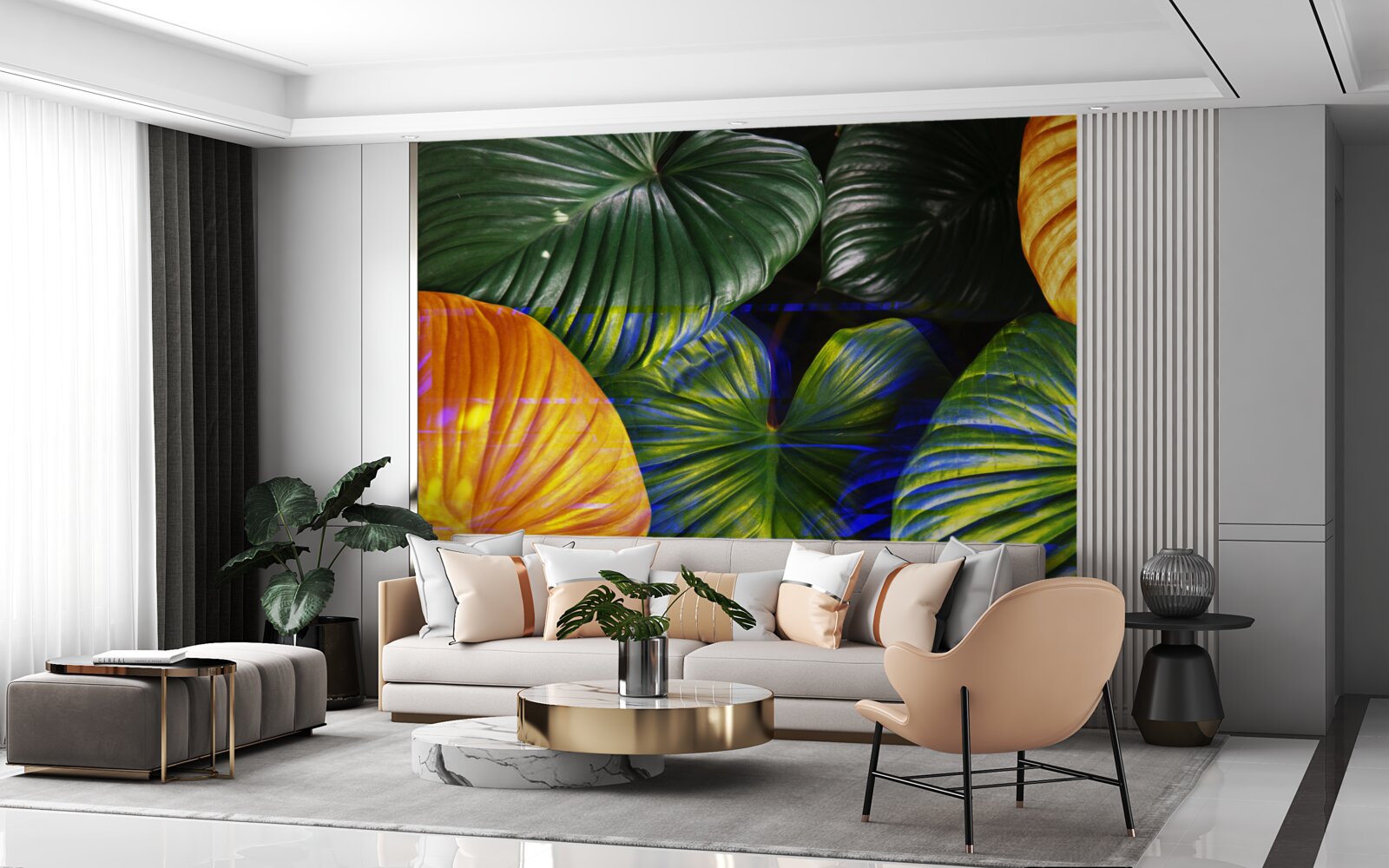 Papier peint grandes feuilles vertes et brunes