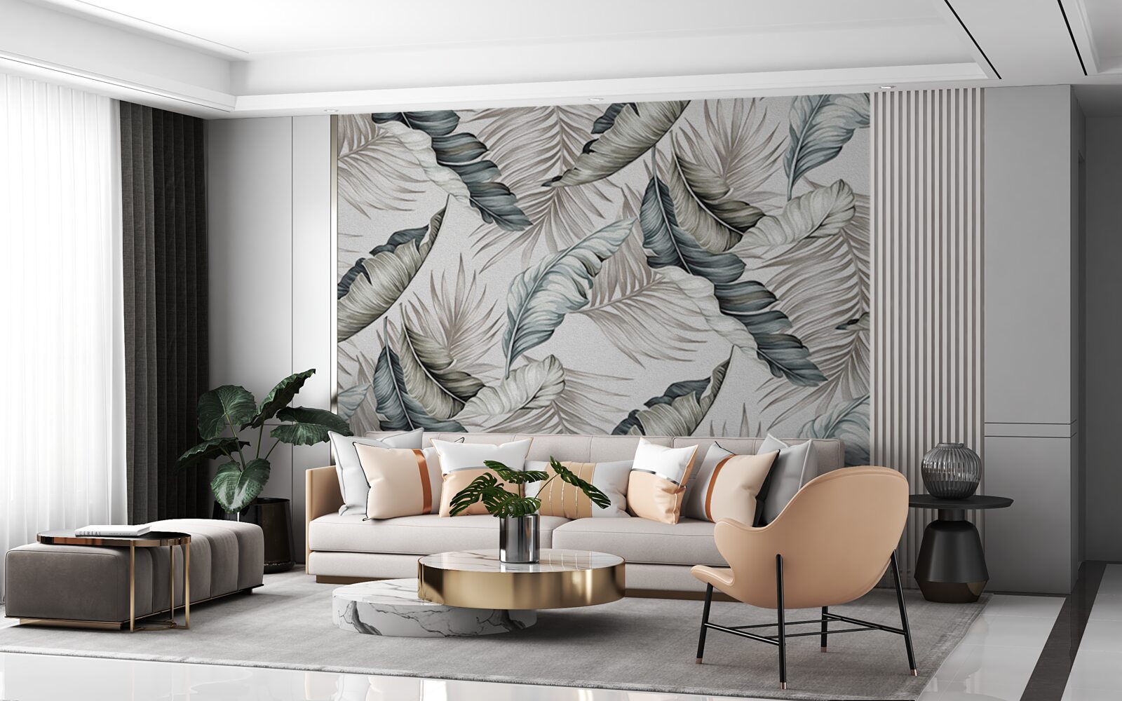 Papier peint Feuilles tropicales aux couleurs pastel