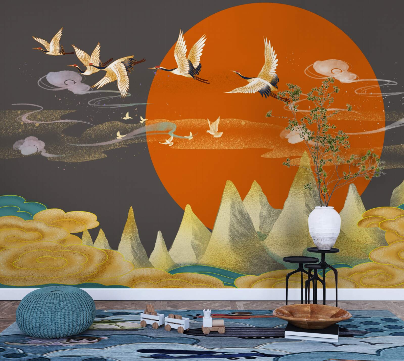 Papier peint les sommets des montagnes sont les témoins du départ des grues de leur lieu de résidence