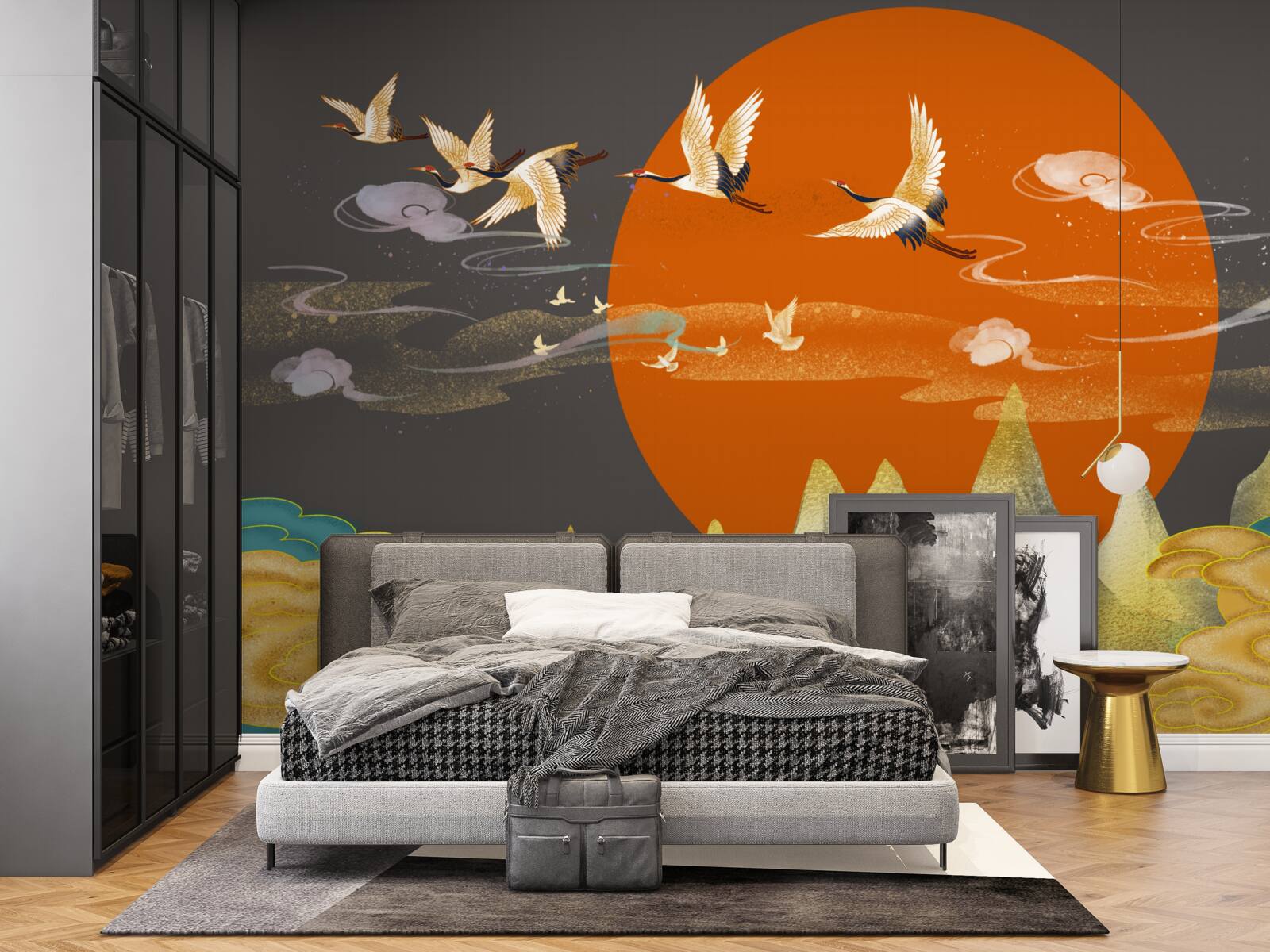 Papier peint les sommets des montagnes sont les témoins du départ des grues de leur lieu de résidence