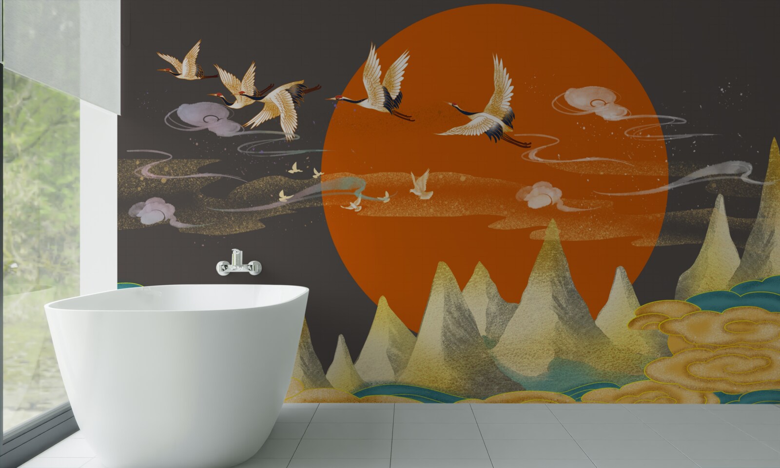 Papier peint les sommets des montagnes sont les témoins du départ des grues de leur lieu de résidence