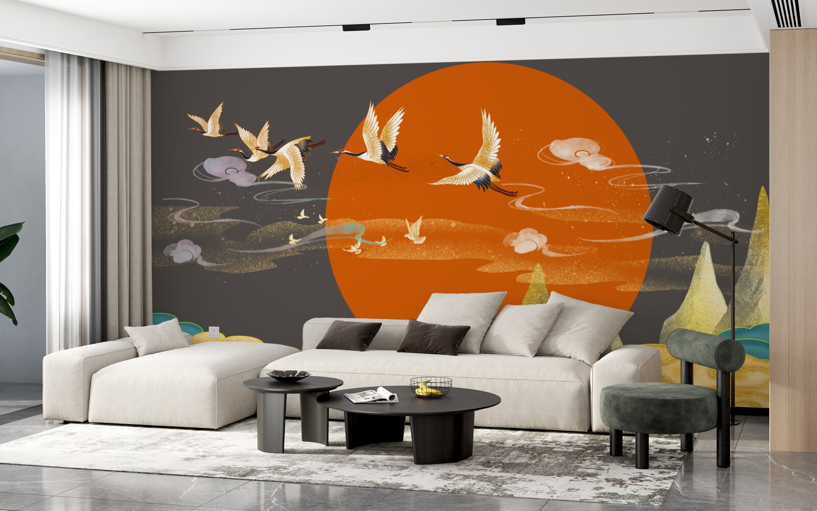 Papier peint les sommets des montagnes sont les témoins du départ des grues de leur lieu de résidence