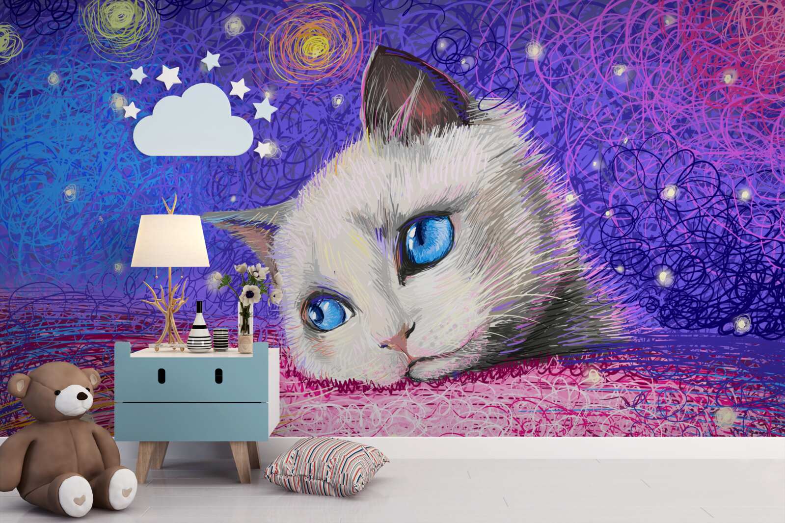 Papier peint chaton distrait aux yeux bleus