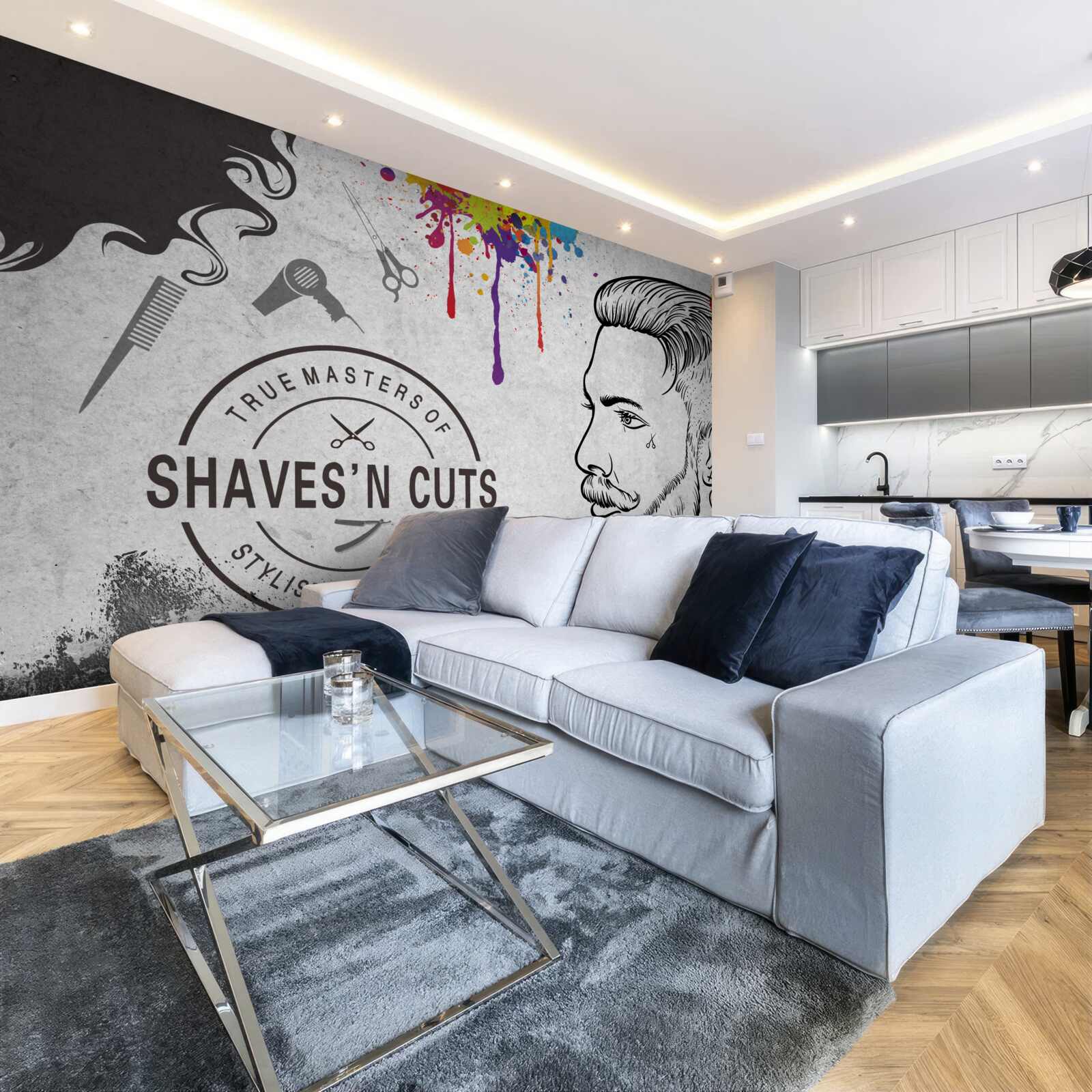 Papier peint publicité pour un salon de coiffure sur le mur